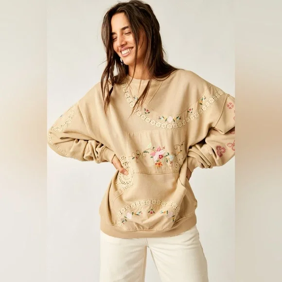 free people women’s floral crewneck sweatshirt - beige size medium nwt - Picture 4 of 6